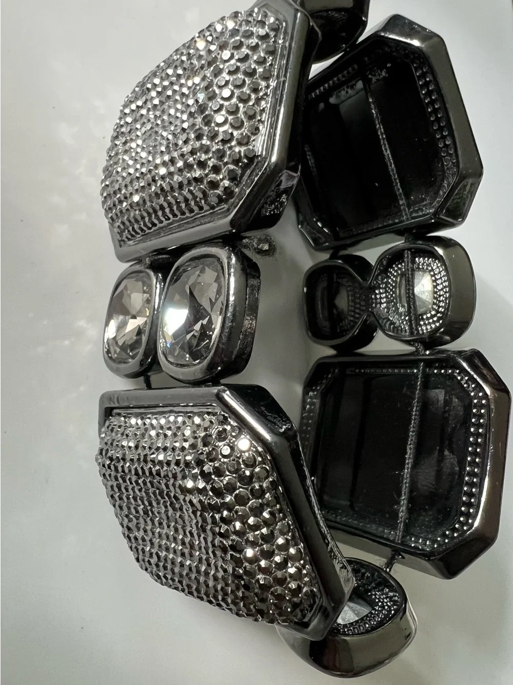 Chunky Geometric Gunmetal & Silver Rhinestone Statement Stretch Bracelet